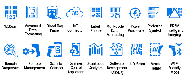 DS3600-XR Ultra-Rugged Scanner Mobility DNA Icons: 123Scan, Advanced Data Formatting, Blood Bag Parse+, IoT Connector, Label Parse+, Multi-Code Data Formatting, Power Precision+, Preferred Symbol, PRZM Intelligent Imaging, Remote Diagnostics, Remote Management, Scan-to-Connect, Scanner Control Application, ScanSpeed Analytics, Software Development Kit (SDK), UDI Scan+, Virtual Tether, Wi-Fi Friendly Mode