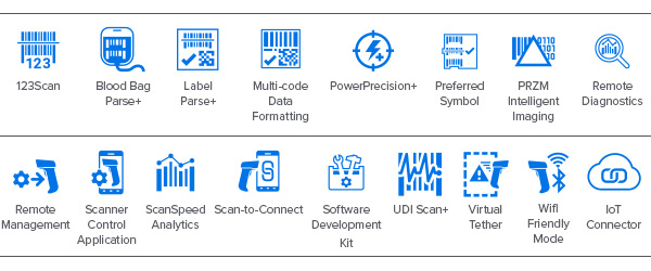 DS3600-DPX Ultra-Rugged Scanner Spec Sheet Mobility DNA Icons: 123Scan, Blood Bag Parse+, Label Parse+, Multi-code Data Formatting, PowerPrecision+, Preferred Symbol, PRZM Intelligent Imaging, Remote Diagnostics, Remote Management, Scanner Control Application, ScanSpeed Analytics, Scan-to-Connect, Software Development Kit, UDI Scan+, Virtual Tether, Wifi Friendly Mode, IoT Connector