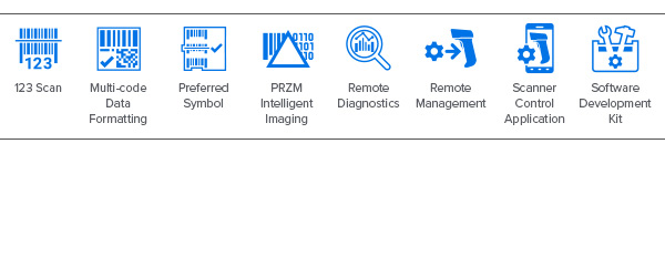 Iconos de DNA Mobility del escáner-báscula MP7000 123Scan, Multi-Code Data Formatting, Preferred Symbol, PRZM Intelligent Imaging, Remote Diagnostics, Remote Management, Scanner Control Application, Software Development Kit (SDK)